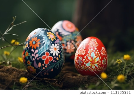 Easter eggs decorated with painted floral ornaments. Festive colorful bright eggs in a meadow. Generated by AI. Easter eggs decorated with painted floral ornaments. Festive colorful bright eggs in a meadow. Generated by AI. 113535551