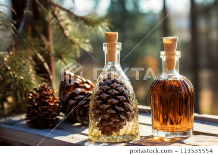 Two elegant glass bottles of cedar cones oil with corks in the sunlight. Transparent crystal bottles with golden liquid on a wooden table. Generated by AI. 113535554
