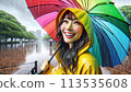 A woman holding an umbrella by the pond 113535608