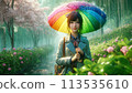A girl holding an umbrella in the rain 113535610