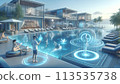 People relaxing on the terrace of a futuristic summer resort hotel 113535738