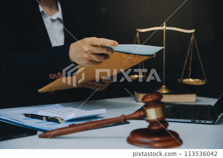 Businessman and Male lawyer or judge consult having team meeting with client, Law and Legal services concept. 113536042