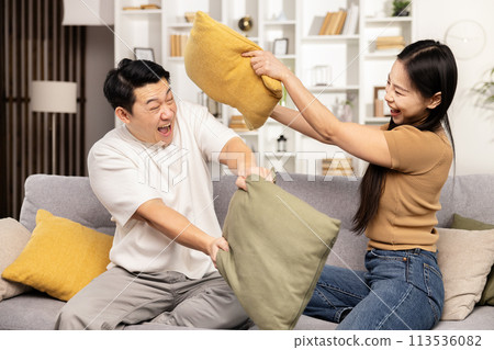 Playful Couple Having a Pillow Fight at Home Playful Couple Having a Pillow Fight at Home 113536082