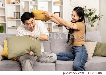 Laughing Couple Having Pillow Fight on Sofa at Home Laughing Couple Having Pillow Fight on Sofa at Home 113536083