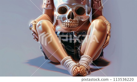 Skeleton Figurine in Casual Pose - Artistic and Imaginative 3D Render 113536220
