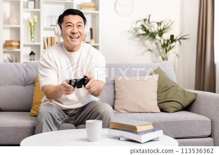 Happy Man Playing Video Games on Couch at Home 113536362
