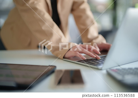 Closeup hands of businesswomen typing business report and financial data on keyboard of laptop while working to analysis strategy investment and management about new startup project in workplace Closeup hands of businesswomen typing business report and financial data on keyboard of laptop while working to analysis strategy investment and management about new startup project in workplace 113536588