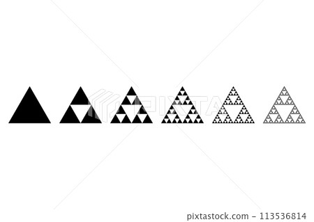 Evolution of a Sierpinski triangle, a plane fractal. Starting with a triangle, subdivided into four smaller triangles, removing the central one. Repeating step 2 with each smaller triangle infinitely. 113536814