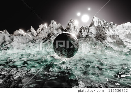 A large black sphere is floating in a body of water. 3d render A large black sphere is floating in a body of water. 3d render 113536832
