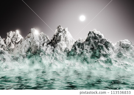 3D render of scenic mountain ranges by river against sky during night 113536833