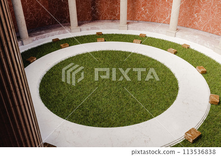 Interior of circular building with columns and grass lawn. 3d render 113536838