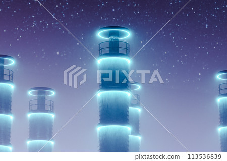 Skyscrapers with neon lights in sparkling starry night. 3d render Skyscrapers with neon lights in sparkling starry night. 3d render 113536839