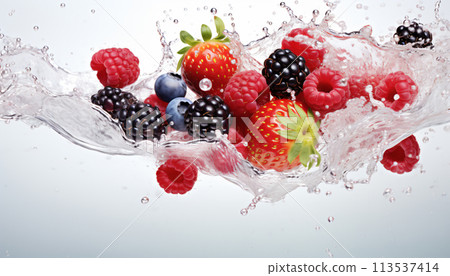 Fresh fruits, berries and strawberries falling in water splash, isolated on white background. AI Generated. 113537414
