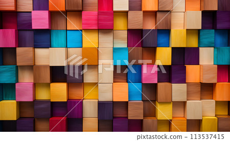 Abstract background of multi-colored wooden blocks. Colorful wooden blocks. AI Generated. 113537415