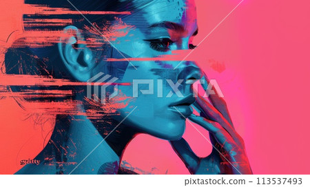 A woman with her face painted in a colorful style, AI A woman with her face painted in a colorful style, AI 113537493