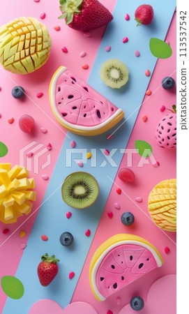 A colorful fruit is arranged on a blue background with different shapes, AI 113537542