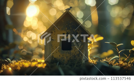 A bird sits on top of a small wooden house, AI 113537546