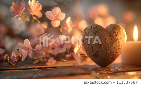 A heart shaped wooden object with a candle next to it, AI 113537567