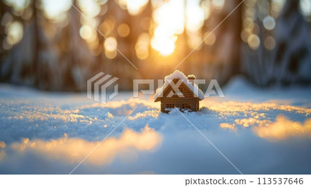 A small house is sitting in the snow with sun shining, AI 113537646