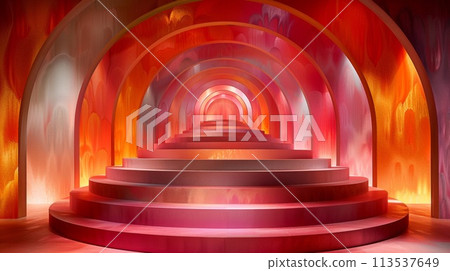 A stairway with a red and orange light in the middle, AI A stairway with a red and orange light in the middle, AI 113537649