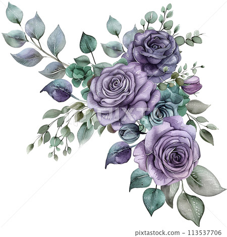 bouquet of blue purple roses. watercolor drawing, clipart with roses 113537706
