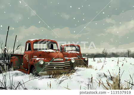 Winter landscape with an abandoned old truck 113537919