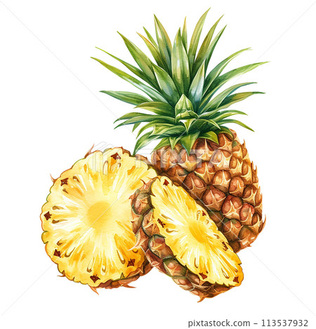 watercolor drawing, ripe pineapple, cut pineapple. realistic illustration, clipart 113537932