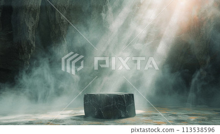 naturally shaped black stone podium humid cave enveloped in mist with light naturally shaped black stone podium humid cave enveloped in mist with light 113538596