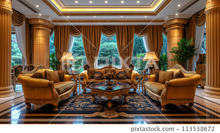 Luxurious and opulent lobby hotel, adorned with golden accents and rich textures, plush seating arrangements, including sofas with intricate designs and glass-top center table with ornate detailing 113538672