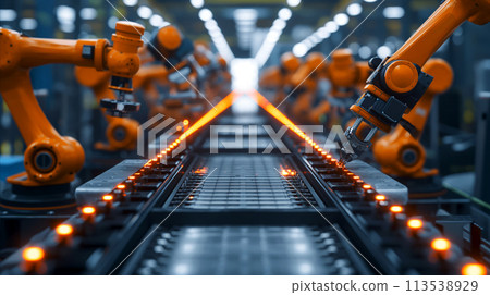 Modern automated manufacturing line, orange robotic arms are symmetrically aligned on both sides of conveyor belt, equipped with tools for precision tasks. Concept for new industrial revolution Modern automated manufacturing line, orange robotic arms are symmetrically aligned on both sides of conveyor belt, equipped with tools for precision tasks. Concept for new industrial revolution 113538929