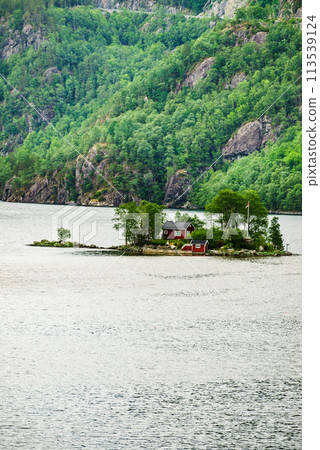 Fjord landscape with hytte on isle, Norway Fjord landscape with hytte on isle, Norway 113539124