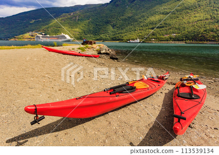 Kayaks and cruise ship in Flam, Norway Kayaks and cruise ship in Flam, Norway 113539134