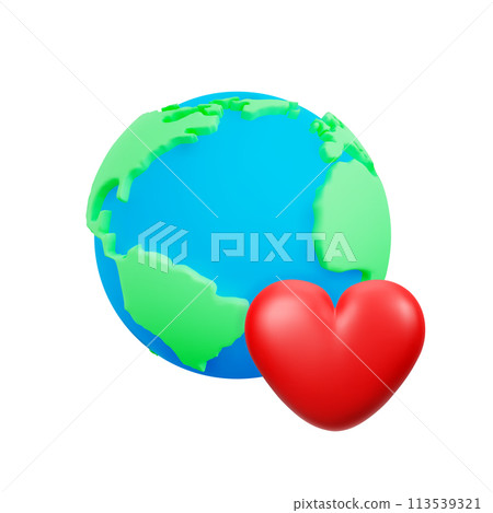 Cute 3d cartoon planet Earth with red heart. Concept of love for living, care for environment. Element for ecological messages. Environment Day or Earth Day concept. Vector illustration of 3d render. Cute 3d cartoon planet Earth with red heart. Concept of love for living, care for environment. Element for ecological messages. Environment Day or Earth Day concept. Vector illustration of 3d render. 113539321