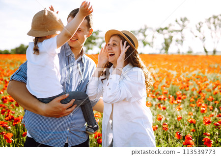 Family with a child walking on a poppy field. Mother, father, little daughter having fun on the poppy field. 113539773