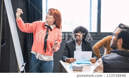 Businesswoman giving presentation to diverse colleagues in conference room 113539846