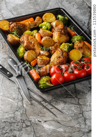 Homemade baked chicken drumsticks with vegetables and rosemary close-up on a baking sheet. Vertical Homemade baked chicken drumsticks with vegetables and rosemary close-up on a baking sheet. Vertical 113539860