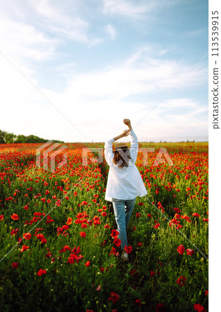 Young girl in hat posing in the poppy field. Portrait of curly girl walking in poppy field at sunset. Young girl in hat posing in the poppy field. Portrait of curly girl walking in poppy field at sunset. 113539915