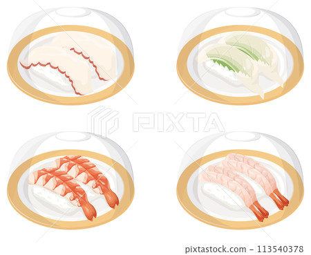 Conveyor belt sushi with cover, octopus, squid, shrimp, sweet shrimp Conveyor belt sushi with cover, octopus, squid, shrimp, sweet shrimp 113540378
