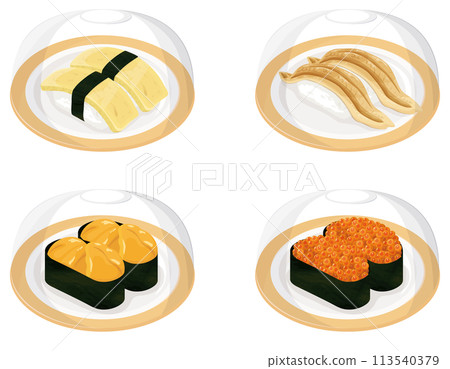 Conveyor belt sushi with cover, egg, conger eel, sea urchin, salmon roe 113540379