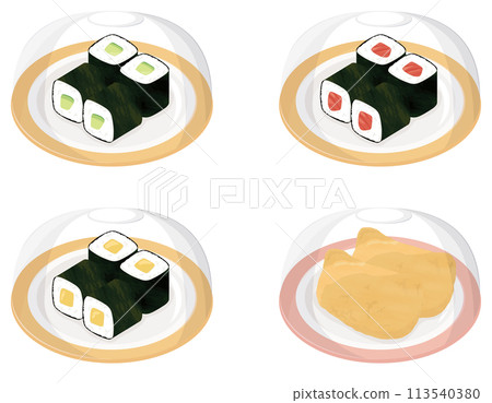 Conveyor belt sushi with cover, Kappa roll, Tekka roll, Oshinko roll 113540380