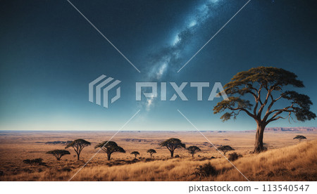 Image of the savanna and Milky Way at night - AI-generated image 113540547