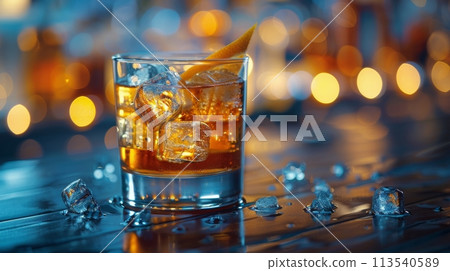 Glass of Ice on Wooden Table 113540589