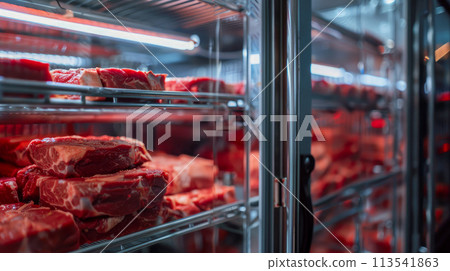 Big pieces of red raw meat in a large modern refrigeration cabinet. Big pieces of red raw meat in a large modern refrigeration cabinet. 113541863