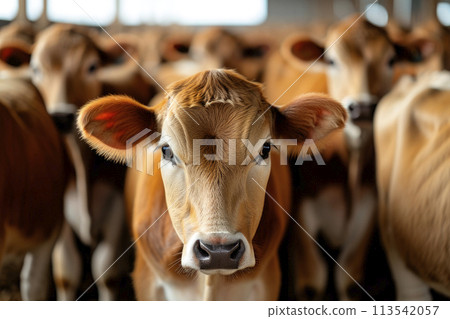 Dairy farm livestock industry. Curious group of calves. 113542057