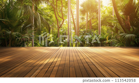 Empty wooden terrace with tropical style trees garden background, sunlight shine on the trees. 113542058