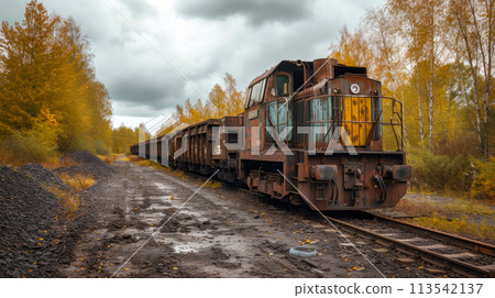 Old rusty diesel locomotive with open carriages carrying coal. 113542137