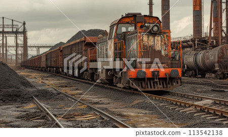 Old rusty diesel locomotive with open carriages carrying coal.Coal mining industry. 113542138