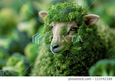 Sheep full body covered in green broccoli. Eat vegetable not meat for healthy life. Sheep full body covered in green broccoli. Eat vegetable not meat for healthy life. 113542166