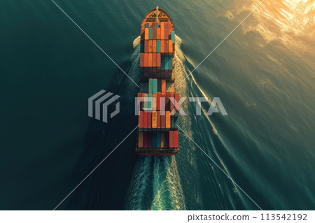 Aerial top view container ship. Logistics import export, shipping or transportation concept background. 113542192