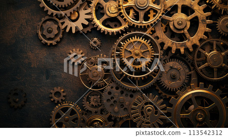 Close up view of various gears and cogwheels. Aged mechanical wheels background. Close up view of various gears and cogwheels. Aged mechanical wheels background. 113542312
